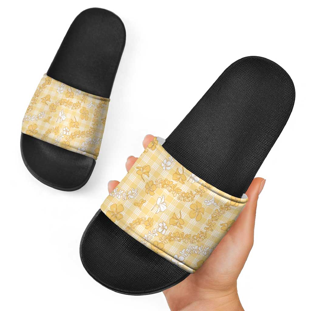 Melemele Aloha Hawaii Slide Sandals Plumeria Lei With Palaka Motif - Polynesian Pride