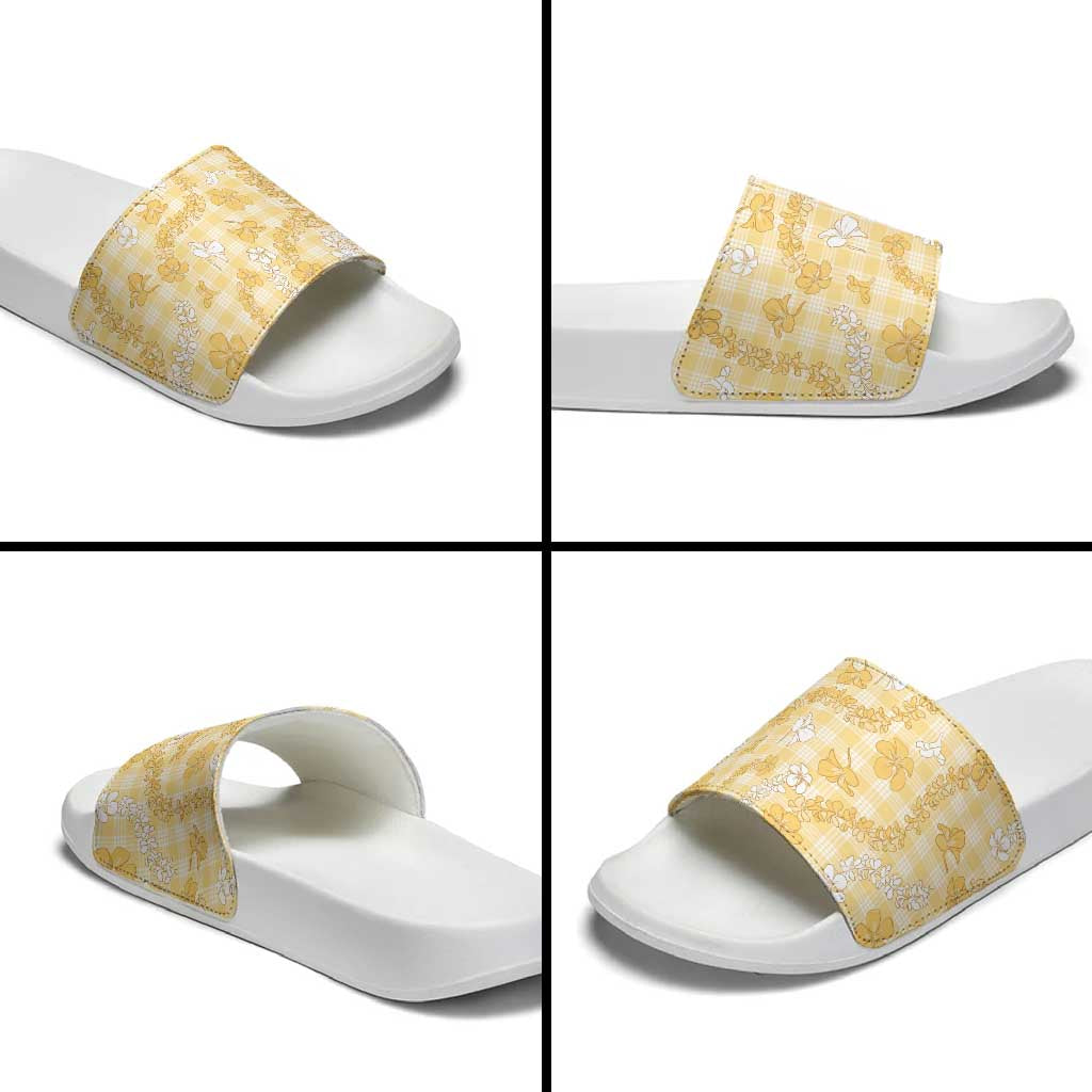 Melemele Aloha Hawaii Slide Sandals Plumeria Lei With Palaka Motif - Polynesian Pride