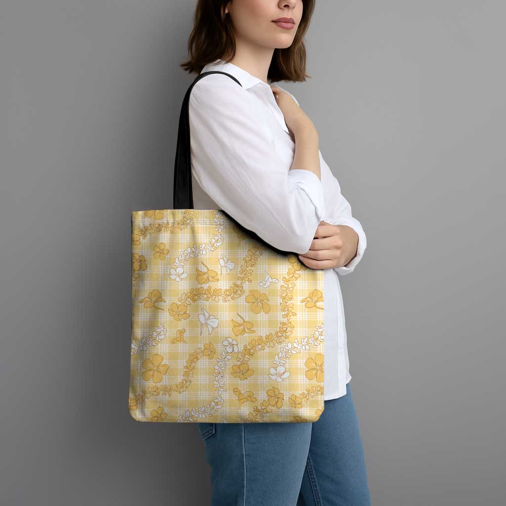 Melemele Aloha Hawaii Tote Bag Plumeria Lei With Palaka Motif - Polynesian Pride