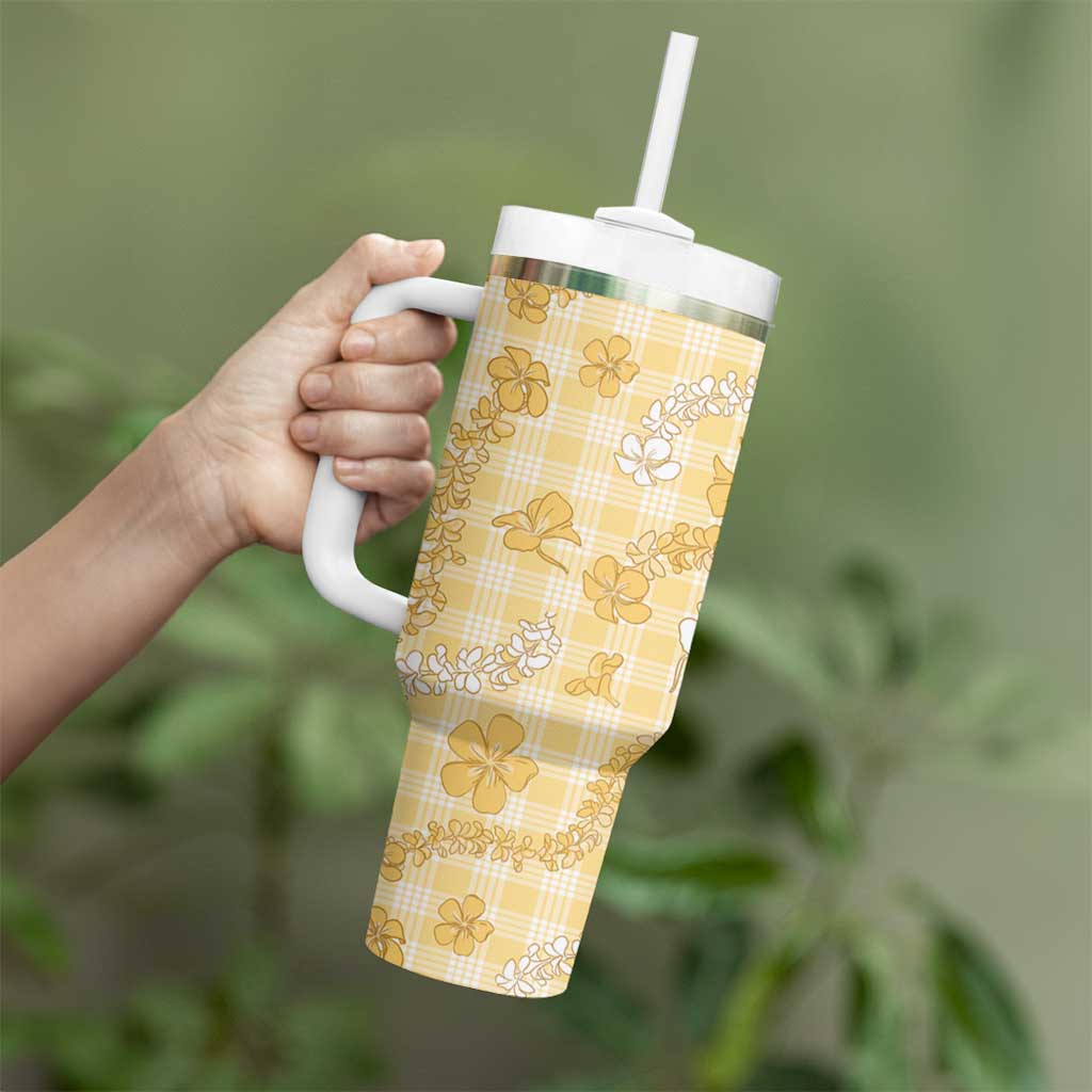 Melemele Aloha Hawaii Tumbler With Handle Plumeria Lei With Palaka Motif - Polynesian Pride