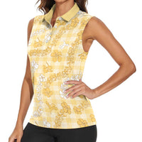 Melemele Aloha Hawaii Women Sleeveless Polo Shirt Plumeria Lei With Palaka Motif LT14 - Polynesian Pride