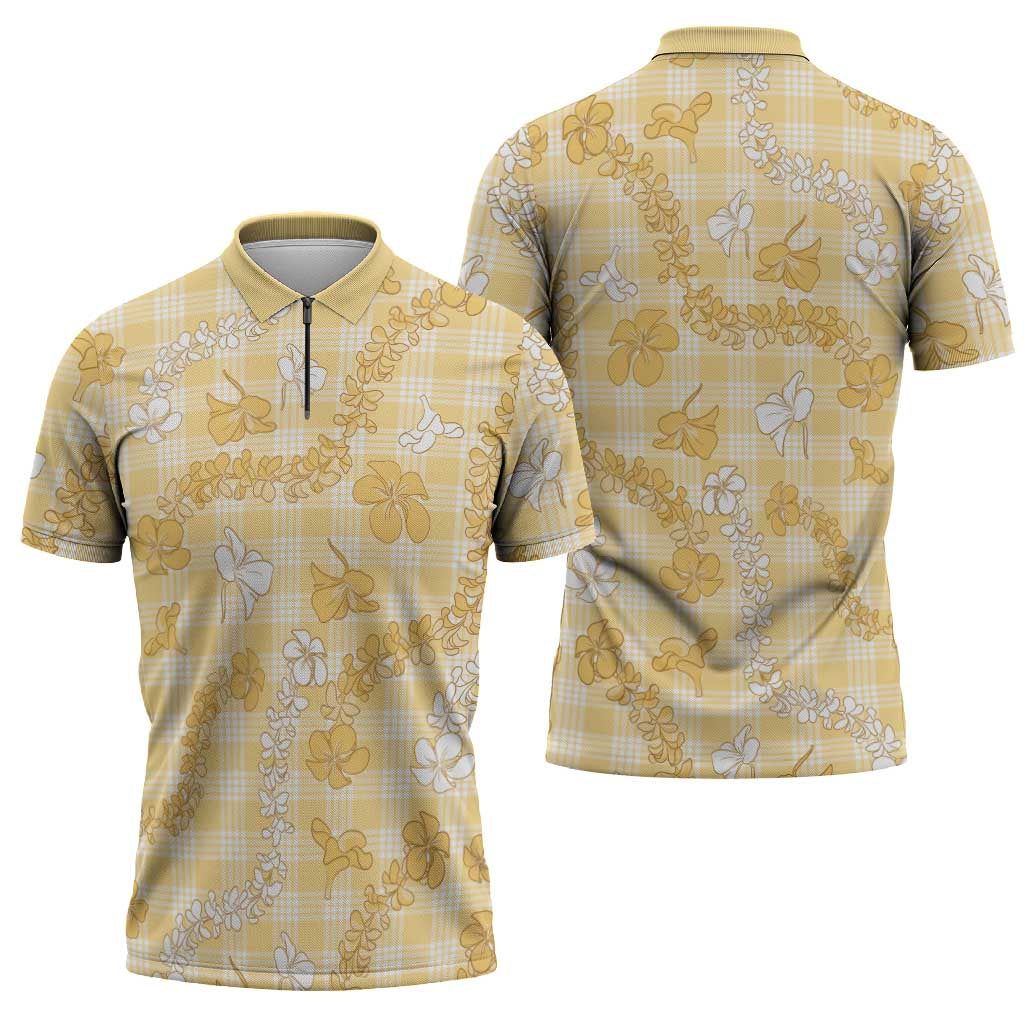Melemele Aloha Hawaii Zipper Polo Shirt Plumeria Lei With Palaka Motif - Polynesian Pride