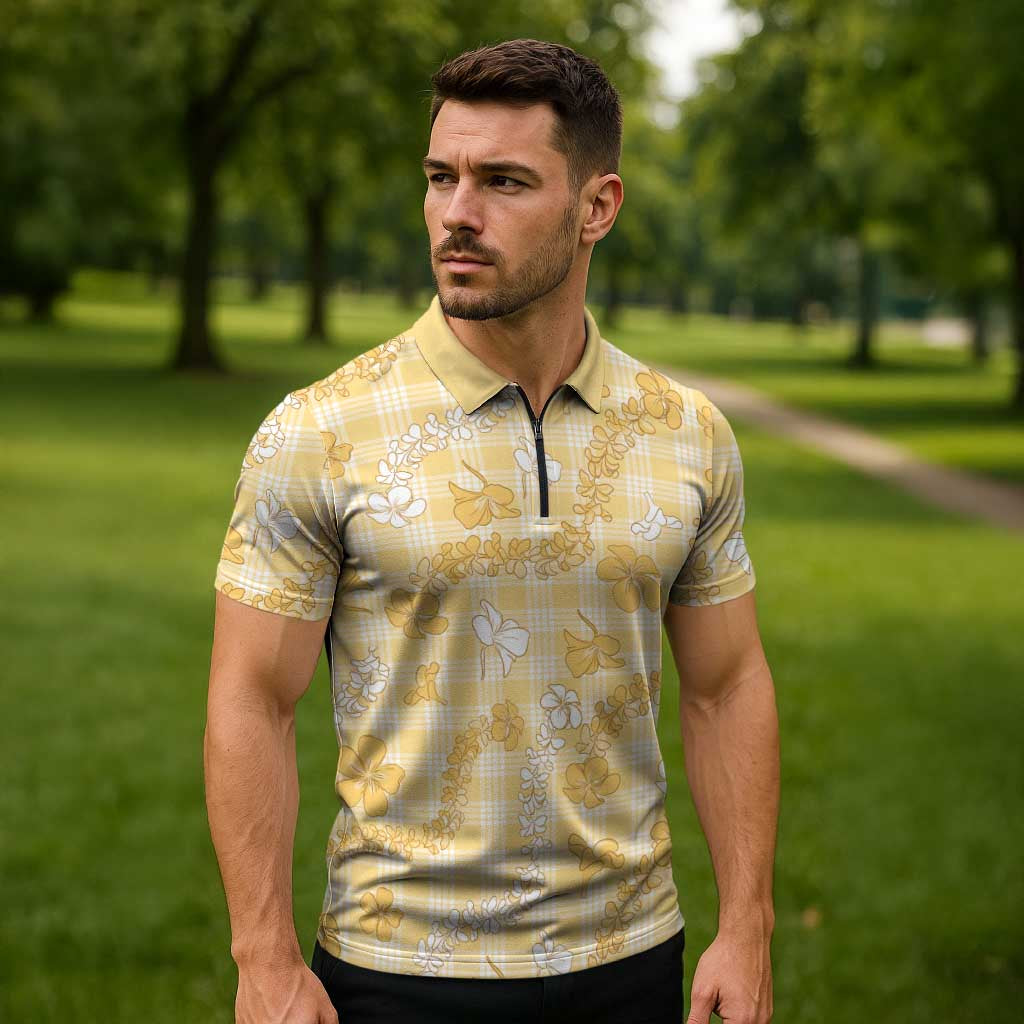 Melemele Aloha Hawaii Zipper Polo Shirt Plumeria Lei With Palaka Motif - Polynesian Pride