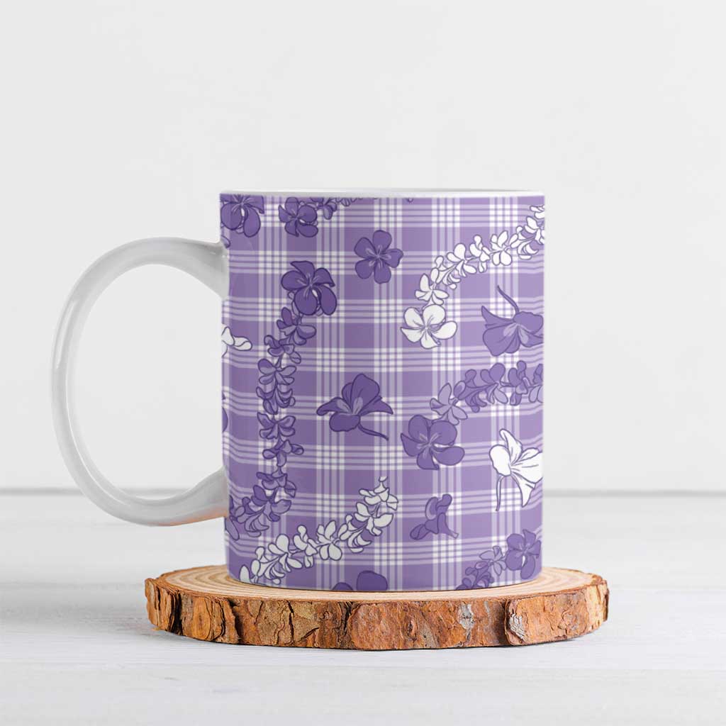 Poni Aloha Hawaii Ceramic Mug Plumeria Lei With Palaka Motif LT14 Purple - Polynesian Pride