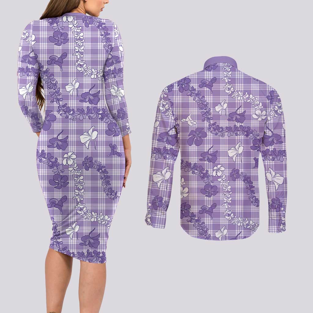 Poni Aloha Hawaii Couples Matching Long Sleeve Bodycon Dress and Long Sleeve Button Shirt Plumeria Lei With Palaka Motif LT14 - Polynesian Pride