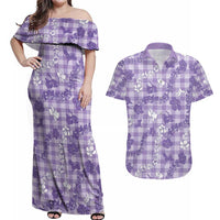 Poni Aloha Hawaii Couples Matching Off Shoulder Maxi Dress and Hawaiian Shirt Plumeria Lei With Palaka Motif LT14 Purple - Polynesian Pride