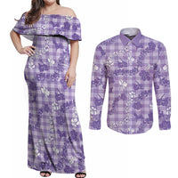 Poni Aloha Hawaii Couples Matching Off Shoulder Maxi Dress and Long Sleeve Button Shirt Plumeria Lei With Palaka Motif - Polynesian Pride