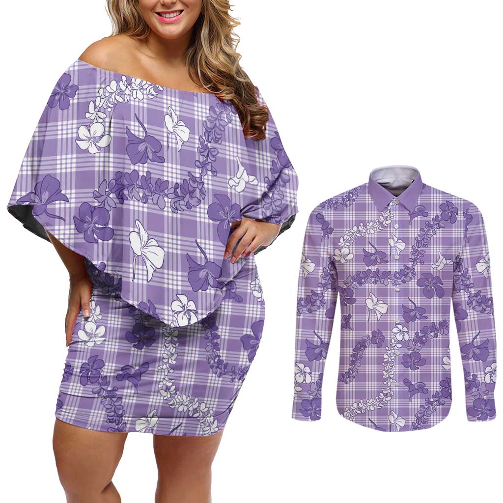 Poni Aloha Hawaii Couples Matching Off Shoulder Short Dress and Long Sleeve Button Shirt Plumeria Lei With Palaka Motif - Polynesian Pride