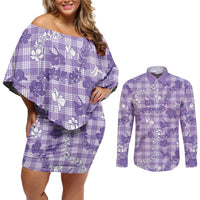 Poni Aloha Hawaii Couples Matching Off Shoulder Short Dress and Long Sleeve Button Shirt Plumeria Lei With Palaka Motif - Polynesian Pride