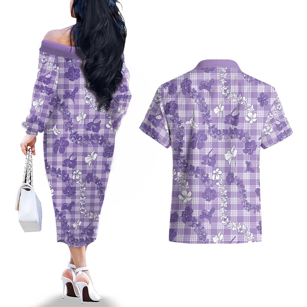 Poni Aloha Hawaii Couples Matching Off The Shoulder Long Sleeve Dress and Hawaiian Shirt Plumeria Lei With Palaka Motif LT14 - Polynesian Pride