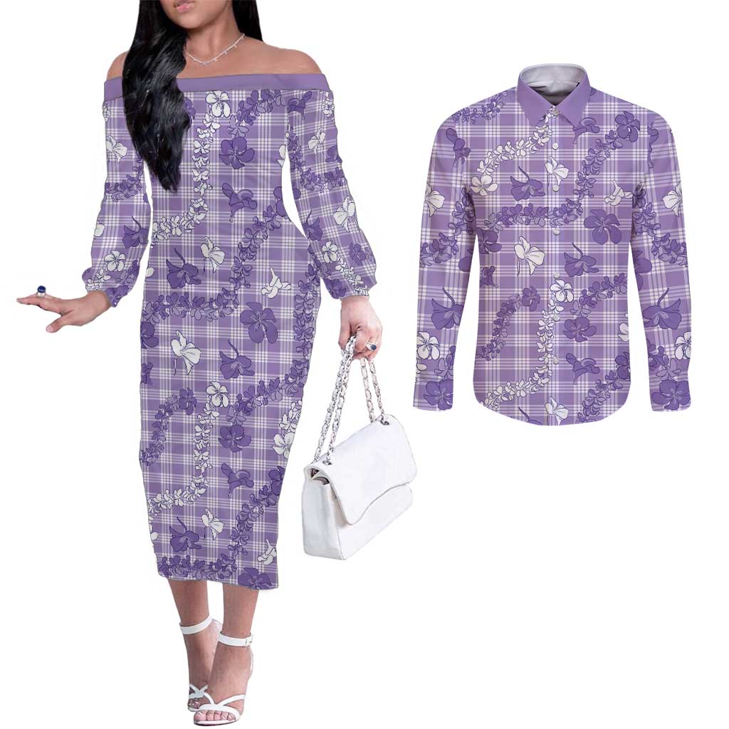 Poni Aloha Hawaii Couples Matching Off The Shoulder Long Sleeve Dress and Long Sleeve Button Shirt Plumeria Lei With Palaka Motif LT14 Purple - Polynesian Pride