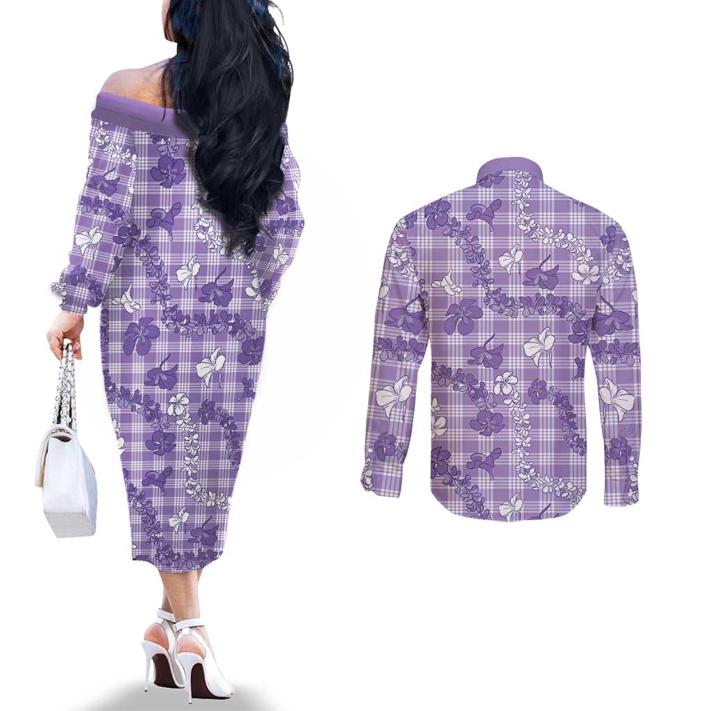 Poni Aloha Hawaii Couples Matching Off The Shoulder Long Sleeve Dress and Long Sleeve Button Shirt Plumeria Lei With Palaka Motif LT14 - Polynesian Pride