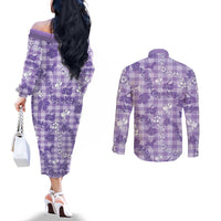 Poni Aloha Hawaii Couples Matching Off The Shoulder Long Sleeve Dress and Long Sleeve Button Shirt Plumeria Lei With Palaka Motif LT14 - Polynesian Pride