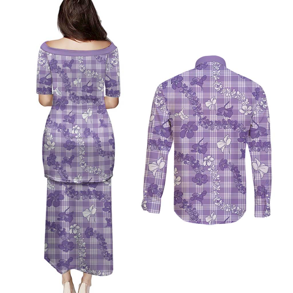 Poni Aloha Hawaii Couples Matching Puletasi and Long Sleeve Button Shirt Plumeria Lei With Palaka Motif - Polynesian Pride
