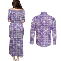 Poni Aloha Hawaii Couples Matching Puletasi and Long Sleeve Button Shirt Plumeria Lei With Palaka Motif - Polynesian Pride