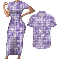 Poni Aloha Hawaii Couples Matching Short Sleeve Bodycon Dress and Hawaiian Shirt Plumeria Lei With Palaka Motif LT14 Purple - Polynesian Pride