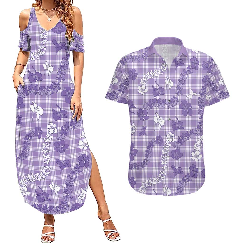 Poni Aloha Hawaii Couples Matching Summer Maxi Dress and Hawaiian Shirt Plumeria Lei With Palaka Motif LT14 Purple - Polynesian Pride