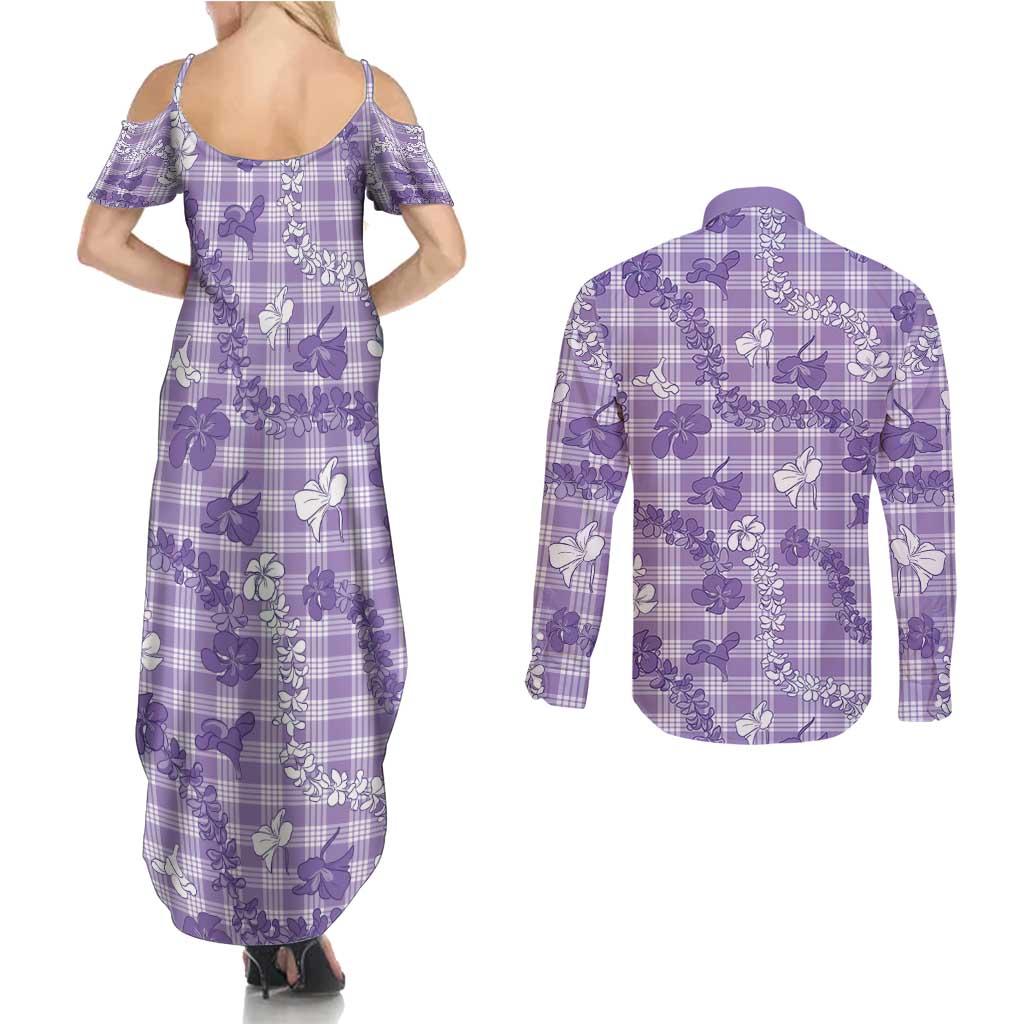 Poni Aloha Hawaii Couples Matching Summer Maxi Dress and Long Sleeve Button Shirt Plumeria Lei With Palaka Motif - Polynesian Pride