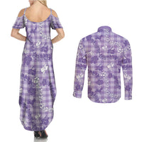 Poni Aloha Hawaii Couples Matching Summer Maxi Dress and Long Sleeve Button Shirt Plumeria Lei With Palaka Motif - Polynesian Pride