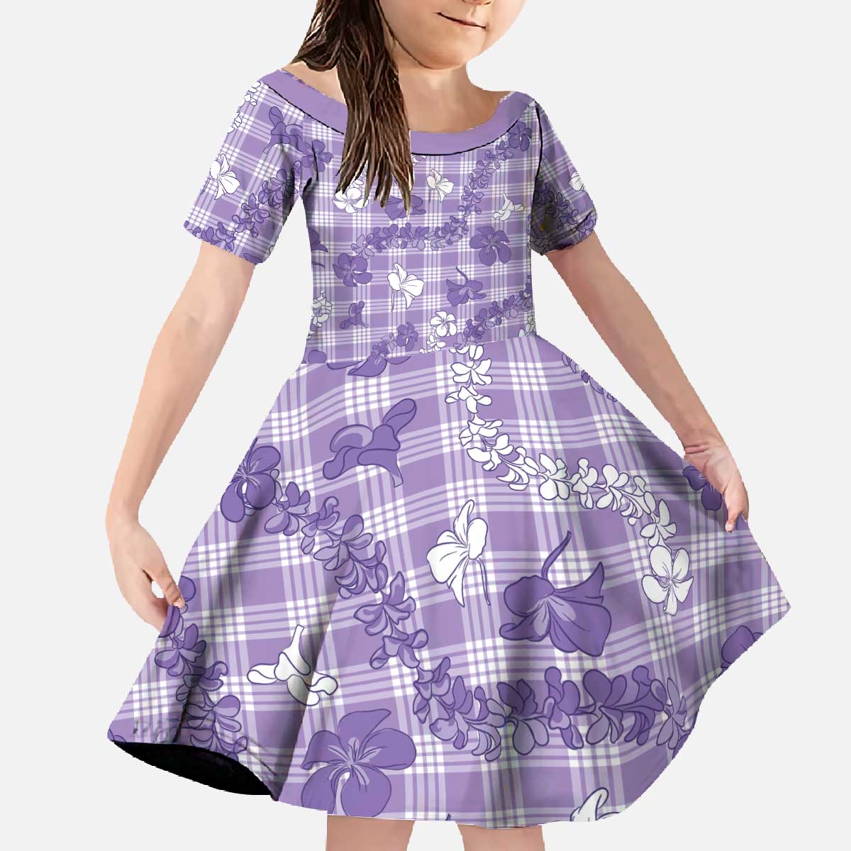 Poni Aloha Hawaii Family Matching Off The Shoulder Long Sleeve Dress and Hawaiian Shirt Plumeria Lei With Palaka Motif LT14 Daughter's Dress Purple - Polynesian Pride