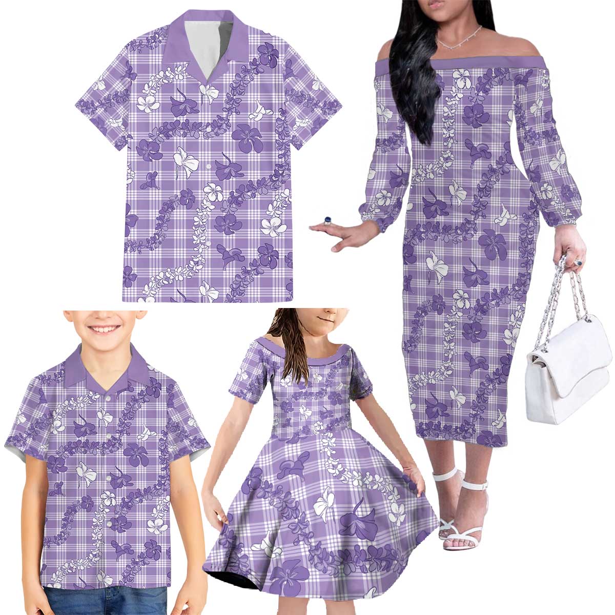 Poni Aloha Hawaii Family Matching Off The Shoulder Long Sleeve Dress and Hawaiian Shirt Plumeria Lei With Palaka Motif LT14 - Polynesian Pride