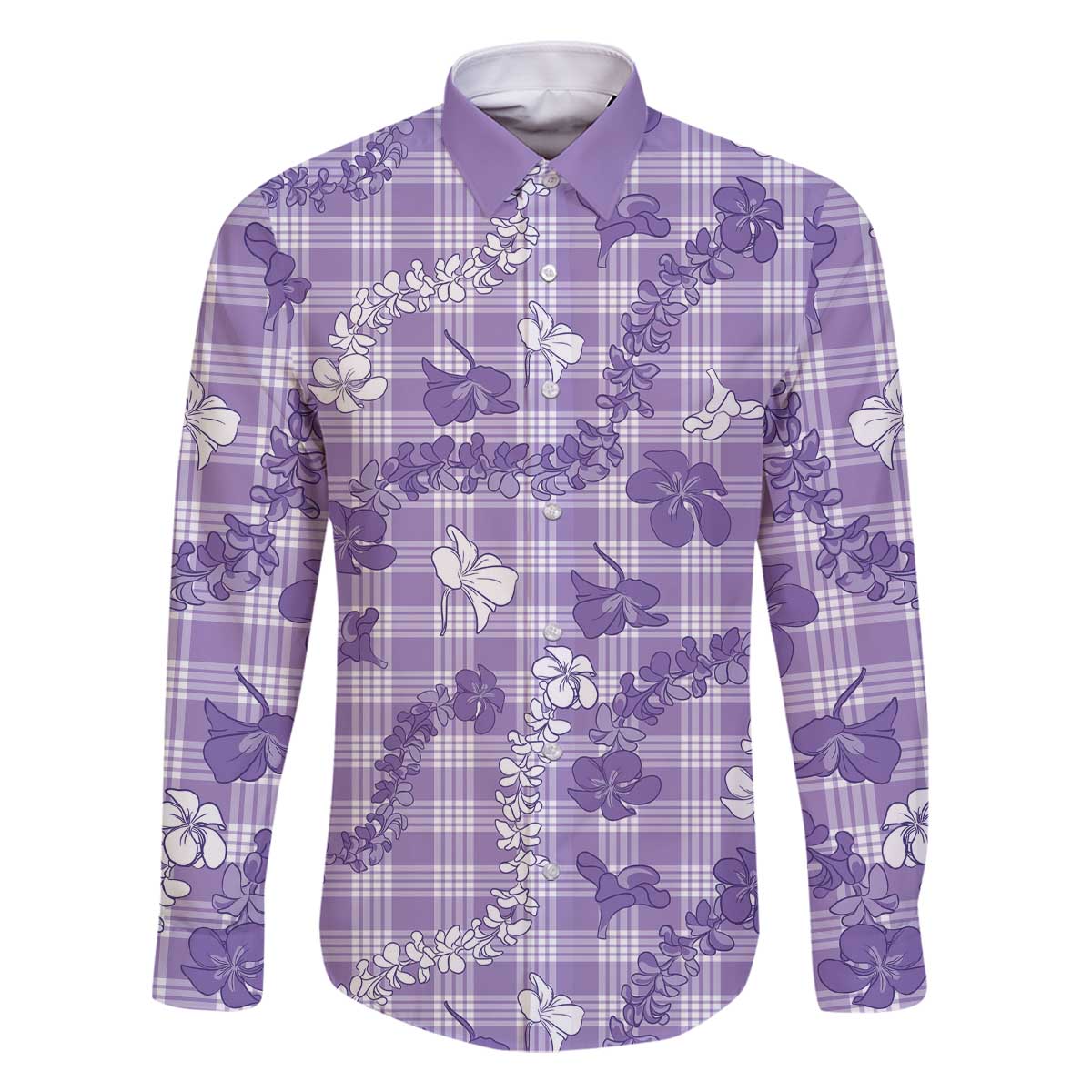 Poni Aloha Hawaii Family Matching Off The Shoulder Long Sleeve Dress and Hawaiian Shirt Plumeria Lei With Palaka Motif LT14 Dad's Shirt - Long Sleeve Purple - Polynesian Pride