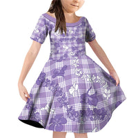 Poni Aloha Hawaii Family Matching Off Shoulder Short Dress and Hawaiian Shirt Plumeria Lei With Palaka Motif LT14 Daughter's Dress Purple - Polynesian Pride