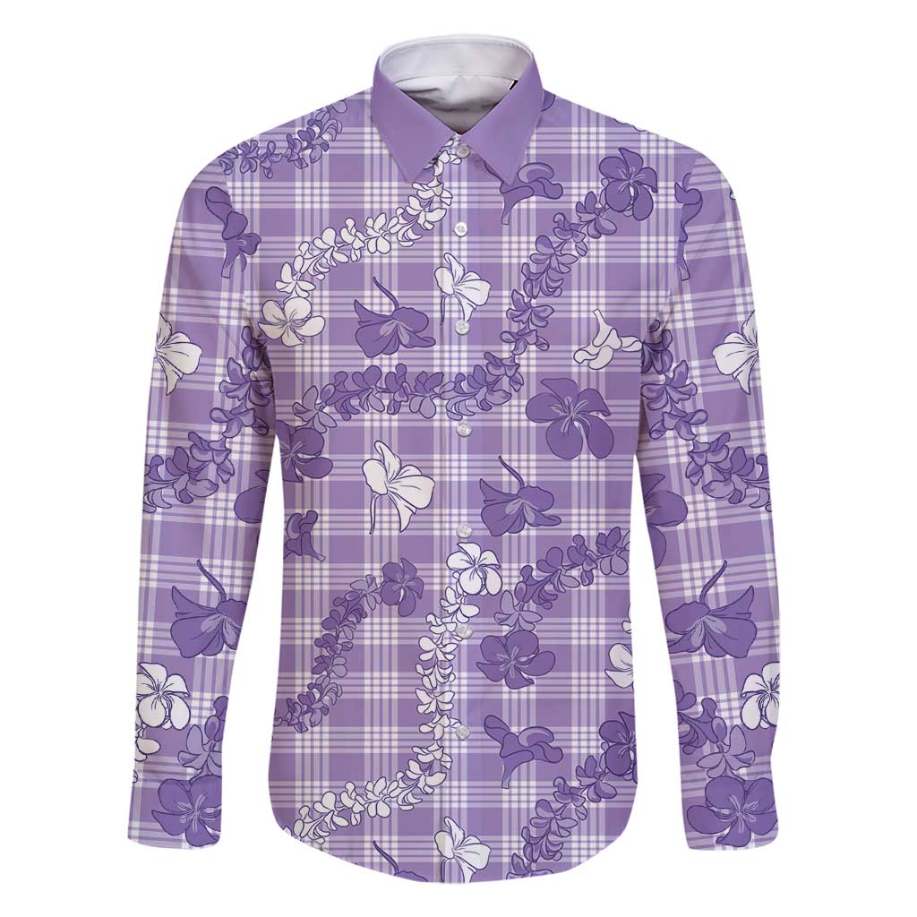 Poni Aloha Hawaii Family Matching Off Shoulder Short Dress and Hawaiian Shirt Plumeria Lei With Palaka Motif LT14 Dad's Shirt - Long Sleeve Purple - Polynesian Pride