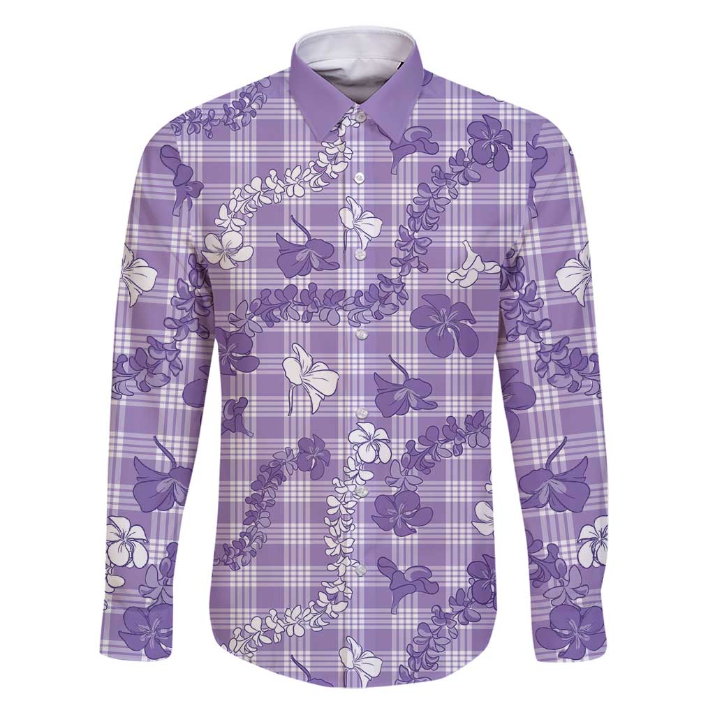 Poni Aloha Hawaii Family Matching Puletasi and Hawaiian Shirt Plumeria Lei With Palaka Motif LT14 Dad's Shirt - Long Sleeve Purple - Polynesian Pride