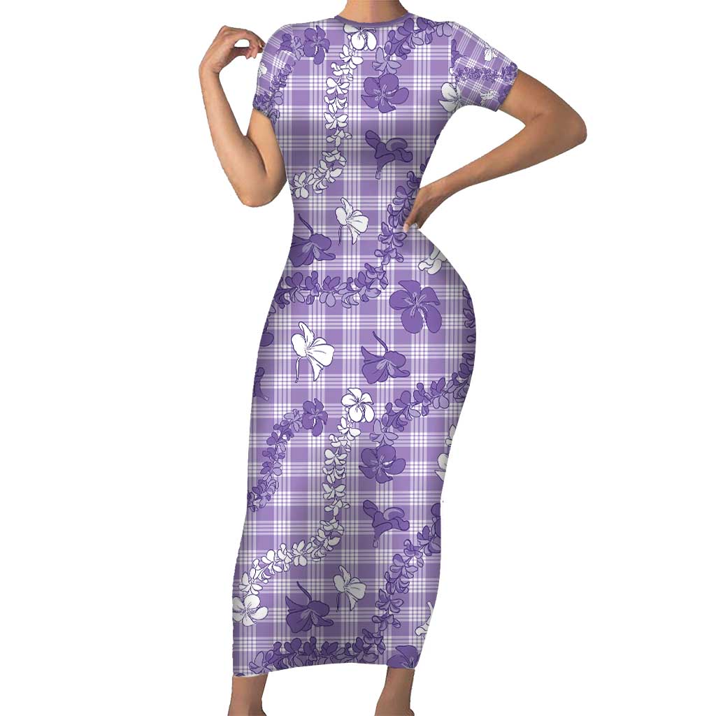 Poni Aloha Hawaii Family Matching Short Sleeve Bodycon Dress and Hawaiian Shirt Plumeria Lei With Palaka Motif LT14 Mom's Dress Purple - Polynesian Pride