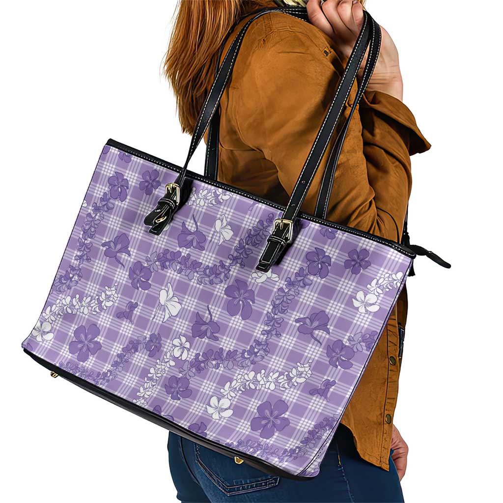 Poni Aloha Hawaii Leather Tote Bag Plumeria Lei With Palaka Motif - Polynesian Pride