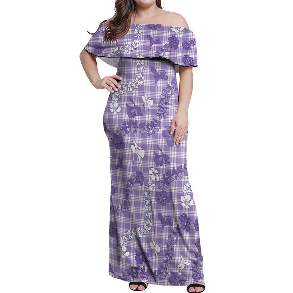 Poni Aloha Hawaii Off Shoulder Maxi Dress Plumeria Lei With Palaka Motif - Polynesian Pride