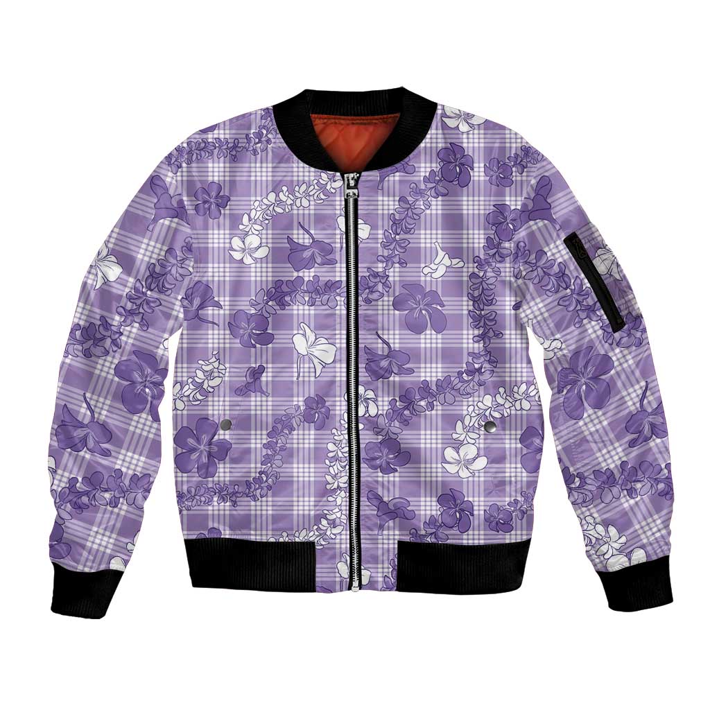 Poni Aloha Hawaii Sleeve Zip Bomber Jacket Plumeria Lei With Palaka Motif LT14 Unisex Purple - Polynesian Pride