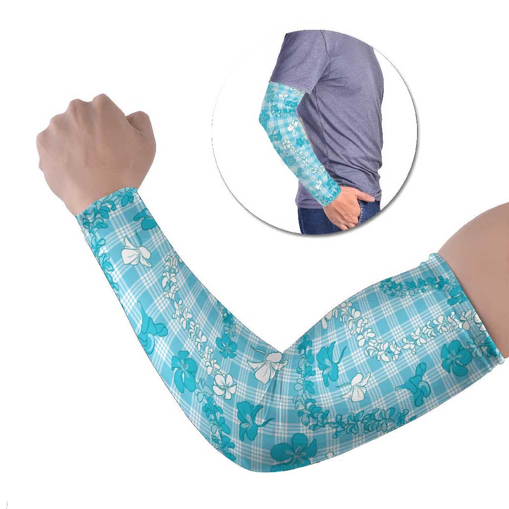 Polu Aloha Hawaii Arm Sleeves Plumeria Lei With Palaka Motif LT14 Set of 2 Blue - Polynesian Pride