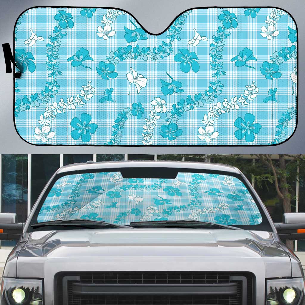 Polu Aloha Hawaii Auto Sun Shade Plumeria Lei With Palaka Motif LT14 Blue - Polynesian Pride