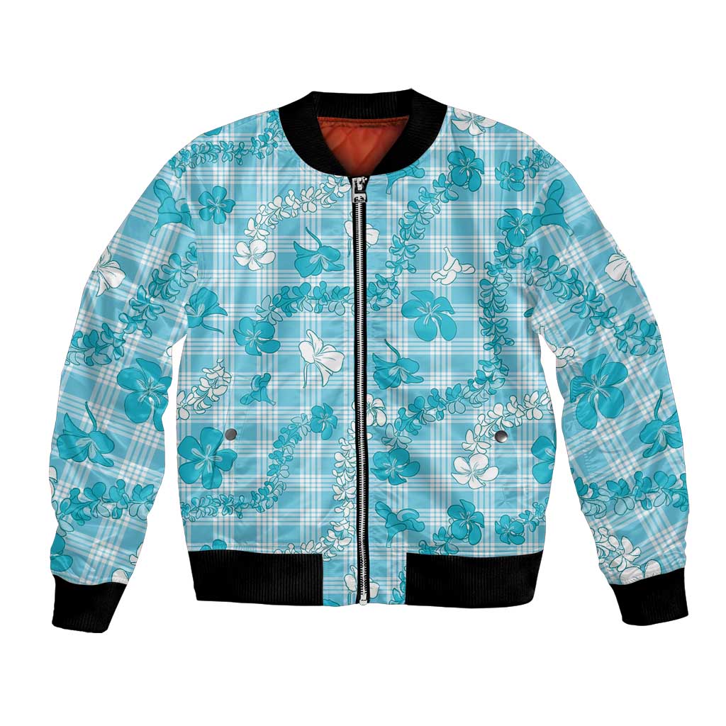 Polu Aloha Hawaii Bomber Jacket Plumeria Lei With Palaka Motif LT14 Unisex Blue - Polynesian Pride