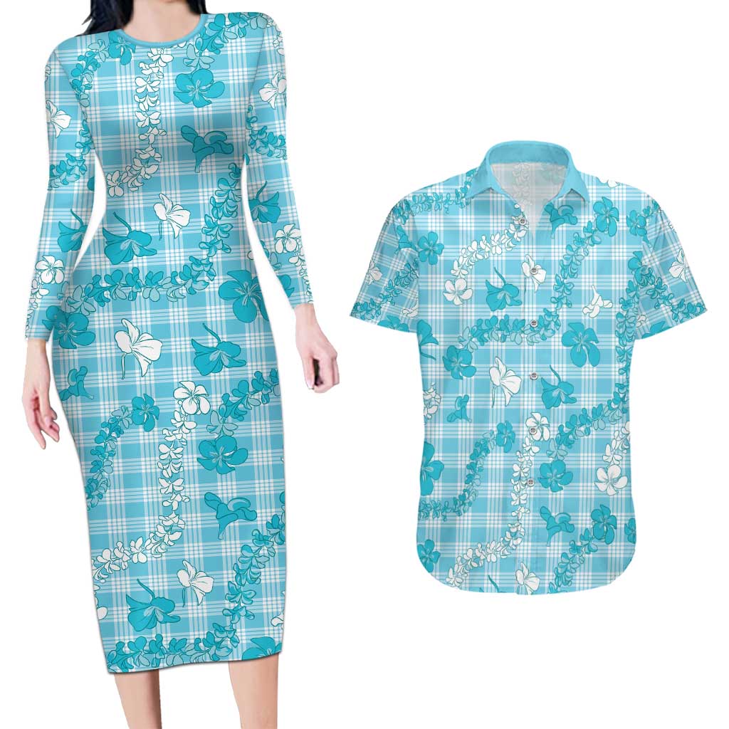 Polu Aloha Hawaii Couples Matching Long Sleeve Bodycon Dress and Hawaiian Shirt Plumeria Lei With Palaka Motif LT14 Blue - Polynesian Pride