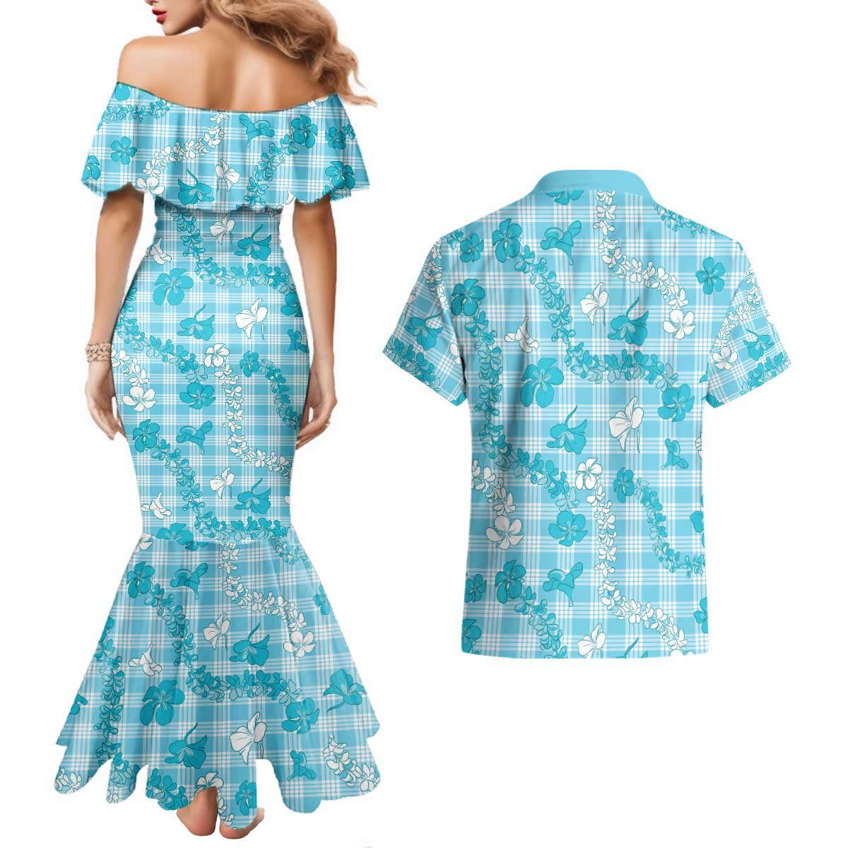 Polu Aloha Hawaii Couples Matching Mermaid Dress and Hawaiian Shirt Plumeria Lei With Palaka Motif LT14 - Polynesian Pride