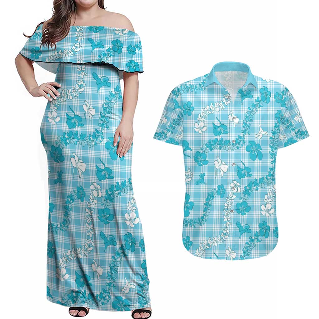 Polu Aloha Hawaii Couples Matching Off Shoulder Maxi Dress and Hawaiian Shirt Plumeria Lei With Palaka Motif LT14 Blue - Polynesian Pride