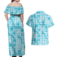 Polu Aloha Hawaii Couples Matching Off Shoulder Maxi Dress and Hawaiian Shirt Plumeria Lei With Palaka Motif LT14 - Polynesian Pride