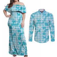 Polu Aloha Hawaii Couples Matching Off Shoulder Maxi Dress and Long Sleeve Button Shirt Plumeria Lei With Palaka Motif - Polynesian Pride