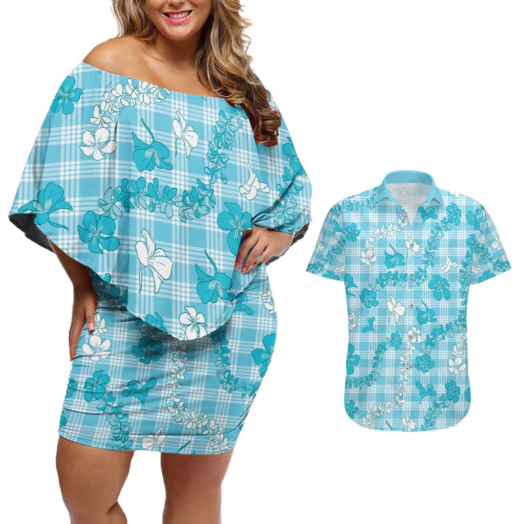 Polu Aloha Hawaii Couples Matching Off Shoulder Short Dress and Hawaiian Shirt Plumeria Lei With Palaka Motif LT14 Blue - Polynesian Pride