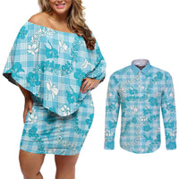 Polu Aloha Hawaii Couples Matching Off Shoulder Short Dress and Long Sleeve Button Shirt Plumeria Lei With Palaka Motif - Polynesian Pride
