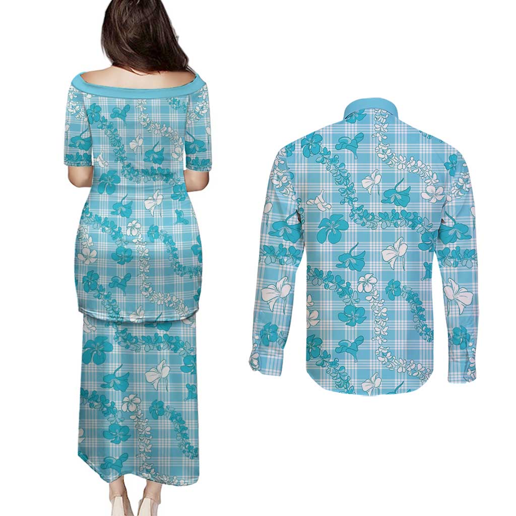 Polu Aloha Hawaii Couples Matching Puletasi and Long Sleeve Button Shirt Plumeria Lei With Palaka Motif - Polynesian Pride