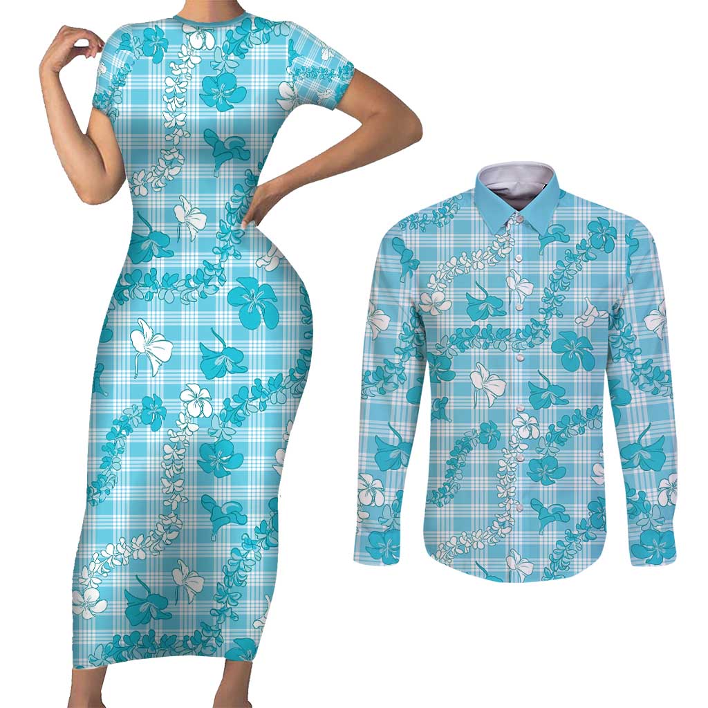 Polu Aloha Hawaii Couples Matching Short Sleeve Bodycon Dress and Long Sleeve Button Shirt Plumeria Lei With Palaka Motif LT14 Blue - Polynesian Pride