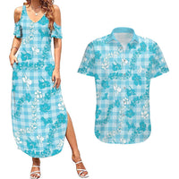 Polu Aloha Hawaii Couples Matching Summer Maxi Dress and Hawaiian Shirt Plumeria Lei With Palaka Motif LT14 Blue - Polynesian Pride