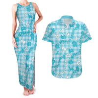 Polu Aloha Hawaii Couples Matching Tank Maxi Dress and Hawaiian Shirt Plumeria Lei With Palaka Motif LT14 Blue - Polynesian Pride