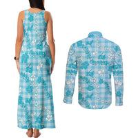 Polu Aloha Hawaii Couples Matching Tank Maxi Dress and Long Sleeve Button Shirt Plumeria Lei With Palaka Motif - Polynesian Pride