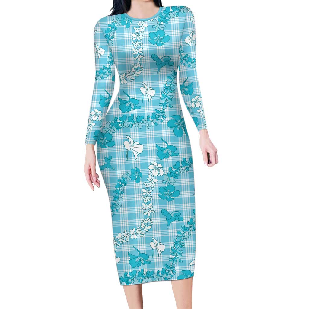 Polu Aloha Hawaii Family Matching Long Sleeve Bodycon Dress and Hawaiian Shirt Plumeria Lei With Palaka Motif LT14 Mom's Dress Blue - Polynesian Pride