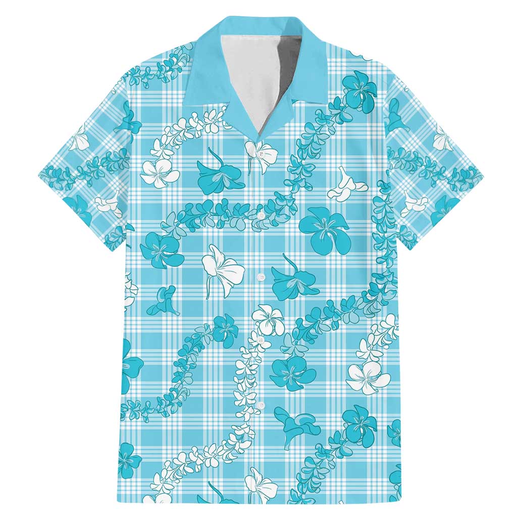 Polu Aloha Hawaii Family Matching Mermaid Dress and Hawaiian Shirt Plumeria Lei With Palaka Motif LT14 Dad's Shirt - Short Sleeve Blue - Polynesian Pride
